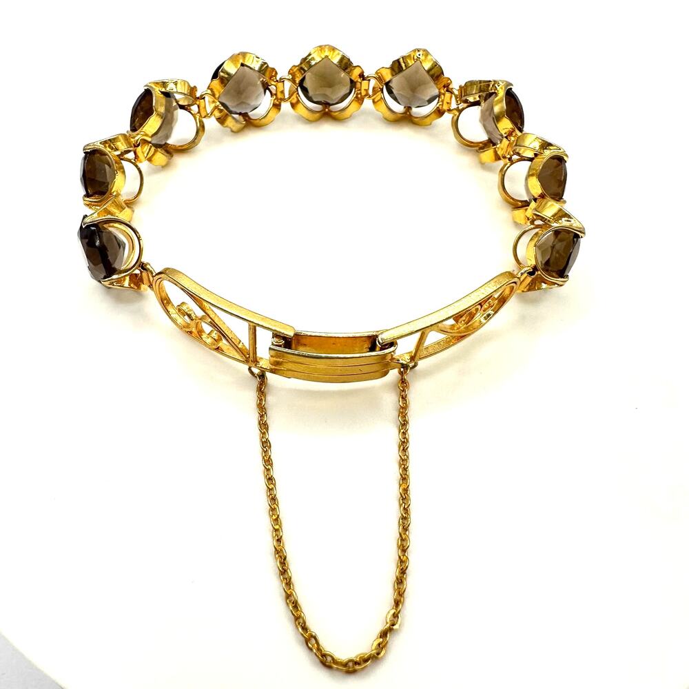 Vintage gold plated genuine brown smoky quartz gemstones tennis bracelet 7.25" - Picture 8 of 9